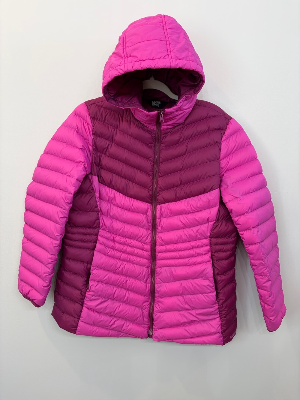 Lands' End Women's Size L Wanderweight Packable Down Hooded Long Jacket Pink
